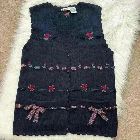 Vintage Capacity Floral and Plaid Bow Knit Vest Large - Picture 1 of 7